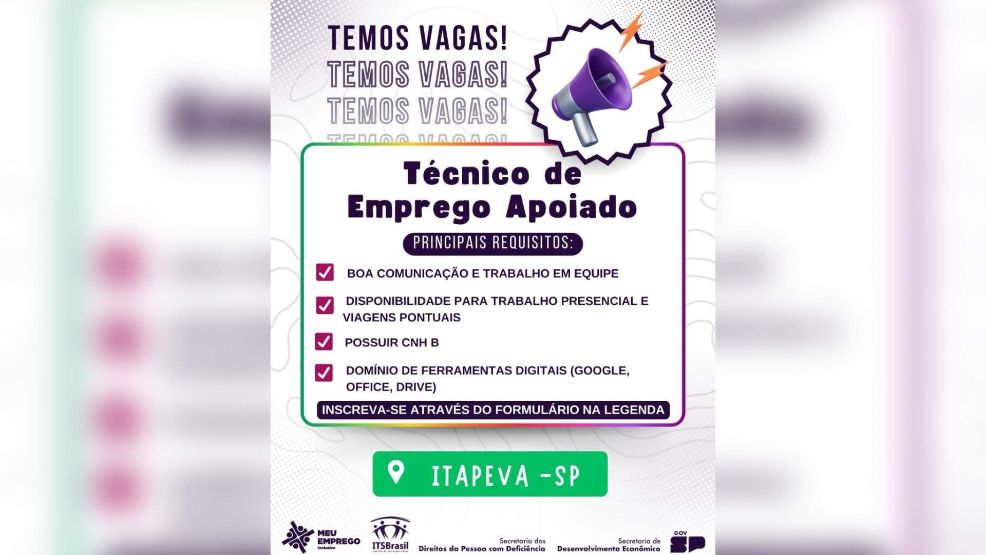VAGA ABERTA | Itapeva (SP) Profissional Técnico de Emprego Apoiado